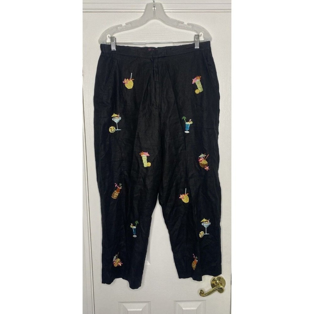 Lily‎ Stanhope Women’s Cropped Pants Embroidered Cocktails Black 14W Linen